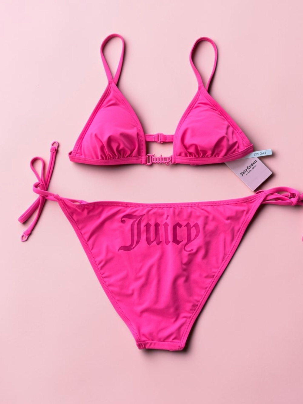 🆕 Juicy Couture Gothic Logo Heart detail Hot Pink 2Pc Bikini Set Medium BNWT